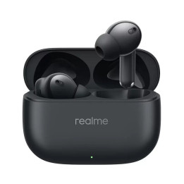 Realme Buds T310 black charging case open, one earbud seated inside and the other floating above
