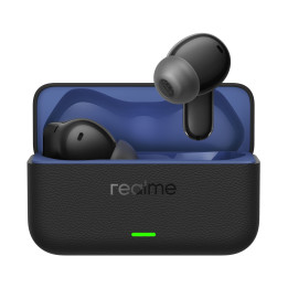 Realme Buds T500 Pro black earbuds: charging case open with blue interior, one earbud floating above
