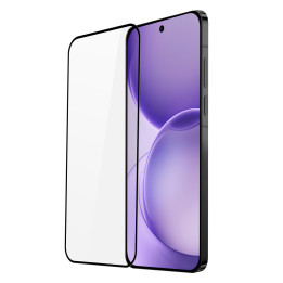 Dux Ducis black-edged tempered glass floating in front of an Oppo Reno 16 showing a purple wallpaper