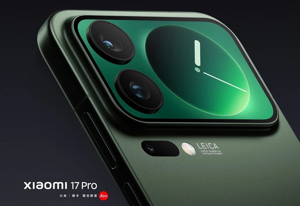 Close-up of the Leica camera module on the green Xiaomi 17 Pro, with its second display on the back