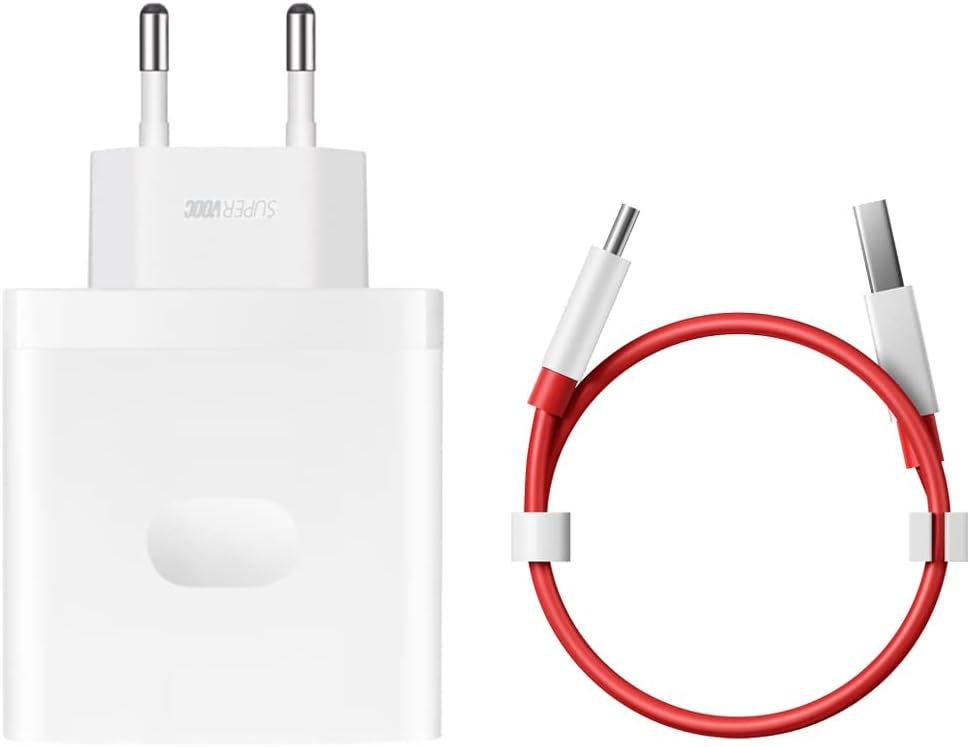Official white SuperVOOC 100 W charger with round European pins, next to its coiled red cable