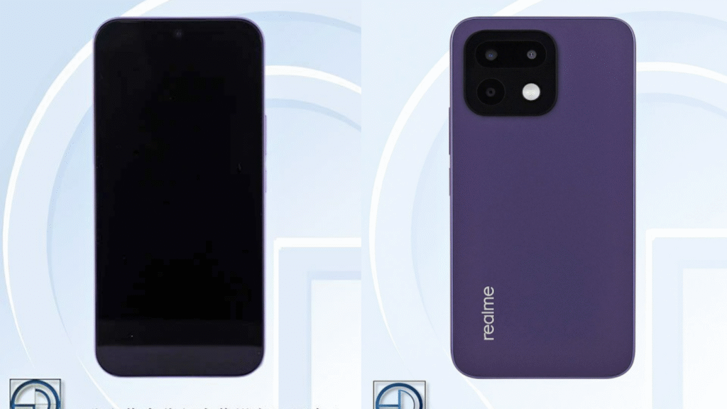 Two views of the Realme 16 Pro from a certification filing: the dark display from the front, and the purple back with its square camera module