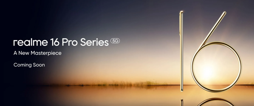 Official teaser poster for the Realme 16 Pro series: a golden 16 over a sunset landscape, with the wording “A New Masterpiece — Coming Soon”