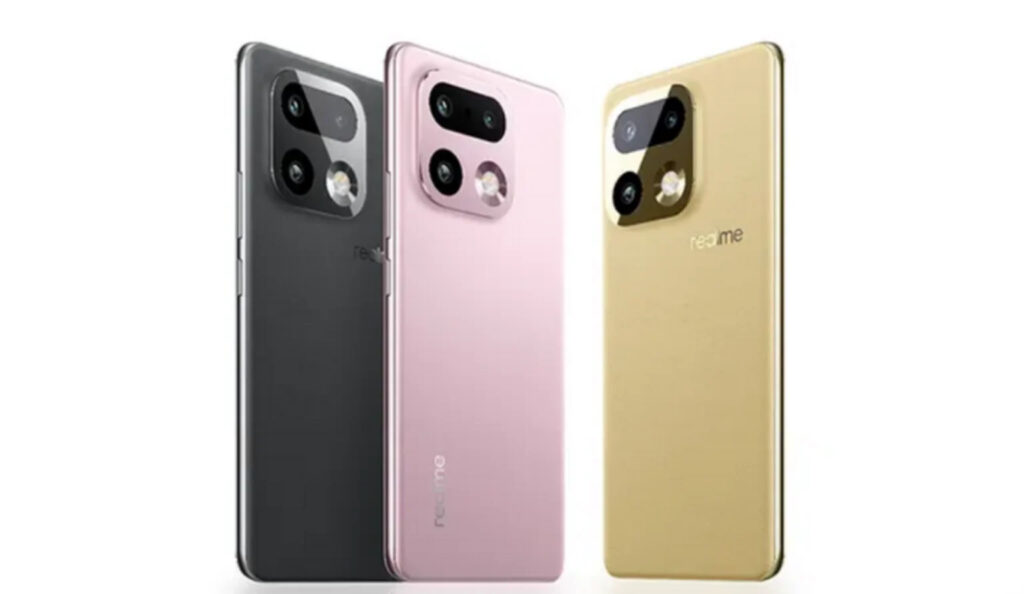 Three Realme 16 Pro+ units seen from the back, in dark grey, pink and gold, with their vertical three-lens camera module