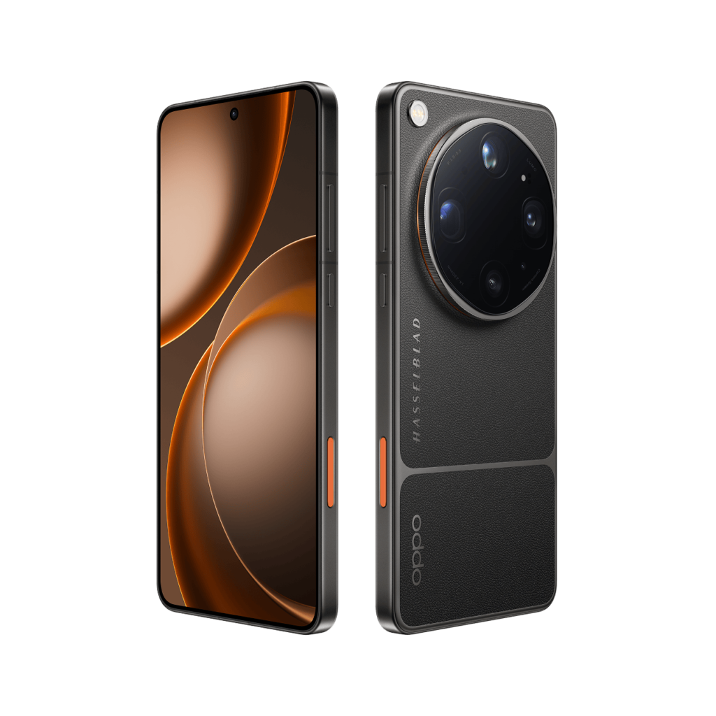 The Oppo Find X9 Ultra in black, seen from the front with an orange wallpaper on screen and from the back, with its square four-lens camera module