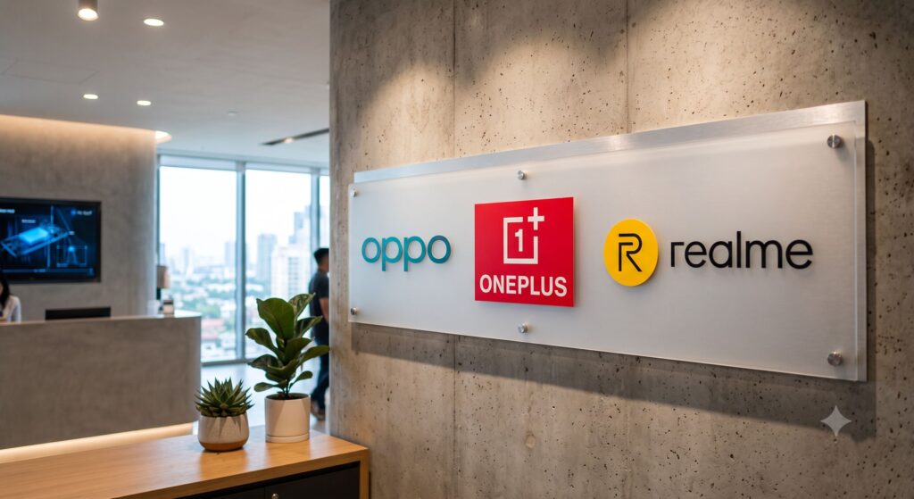 A reception sign in an office lobby carrying the Oppo, OnePlus and Realme logos