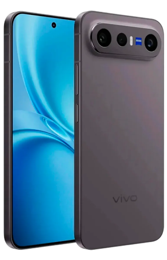 The Vivo X300 FE in taupe, seen from the back and the front, with its rectangular three-lens Zeiss camera module