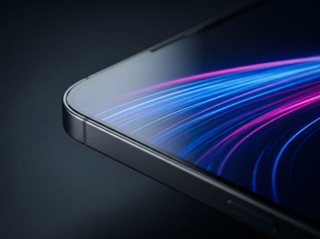 Generated illustration: close-up of a flat smartphone display showing light trails that suggest a very high refresh rate