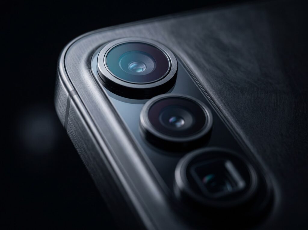 Generated illustration: close-up of a three-sensor camera module fitted with a periscope telephoto lens