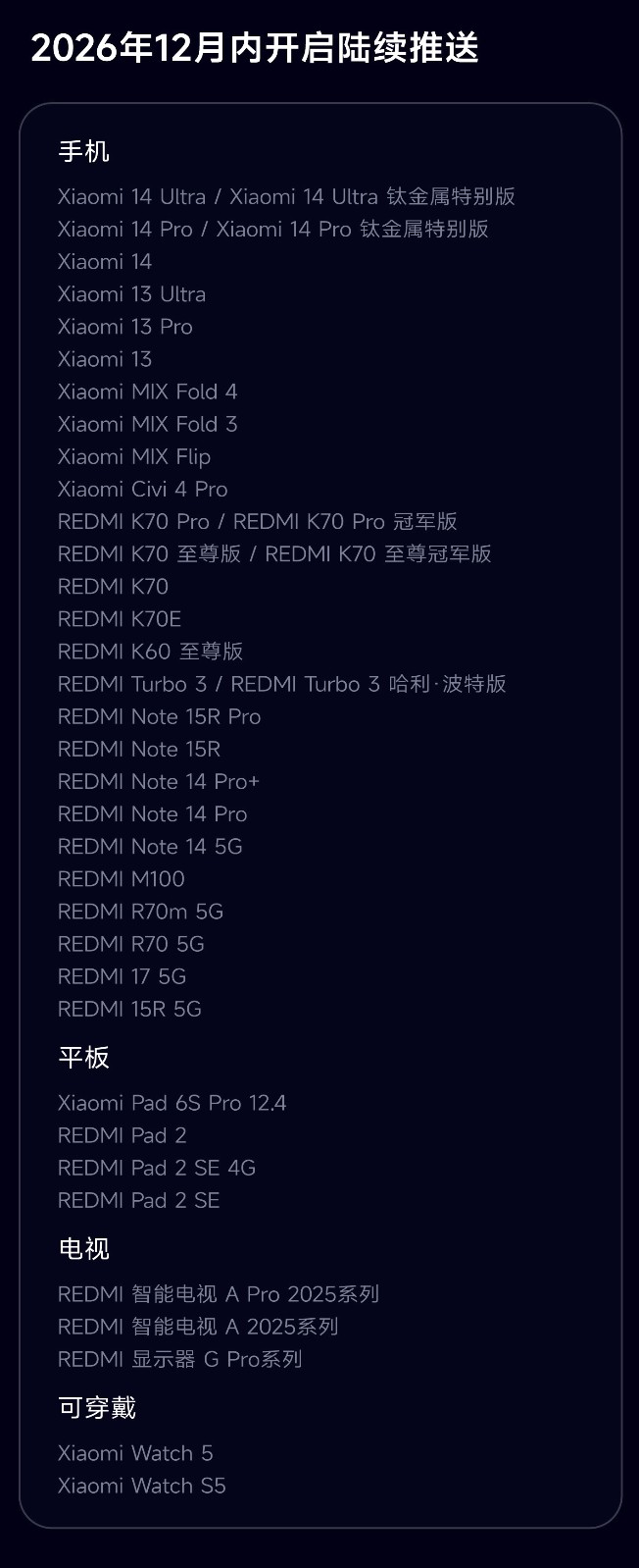 Official Xiaomi HyperOS 4 schedule, in Chinese: December 2026 wave, Xiaomi 14 and 13 series, MIX Fold 4 and 3, MIX Flip, REDMI K70, Note 14, tablets, TVs and watches