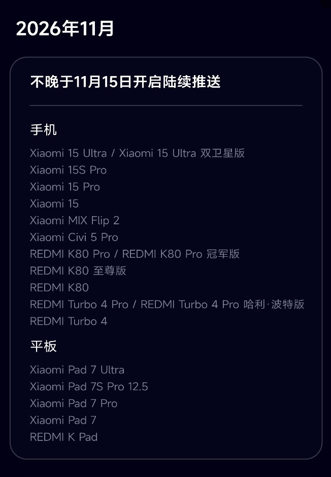 Official Xiaomi HyperOS 4 schedule, in Chinese: wave by 15 November, Xiaomi 15 series, MIX Flip 2, Civi 5 Pro, REDMI K80, Turbo 4 and Pad 7 tablets