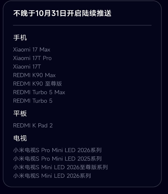 Official Xiaomi HyperOS 4 schedule, in Chinese: wave by 31 October, Xiaomi 17 Max, 17T Pro, 17T, REDMI K90 Max, Turbo 5 Max, Turbo 5, REDMI K Pad 2 and Mini LED TVs