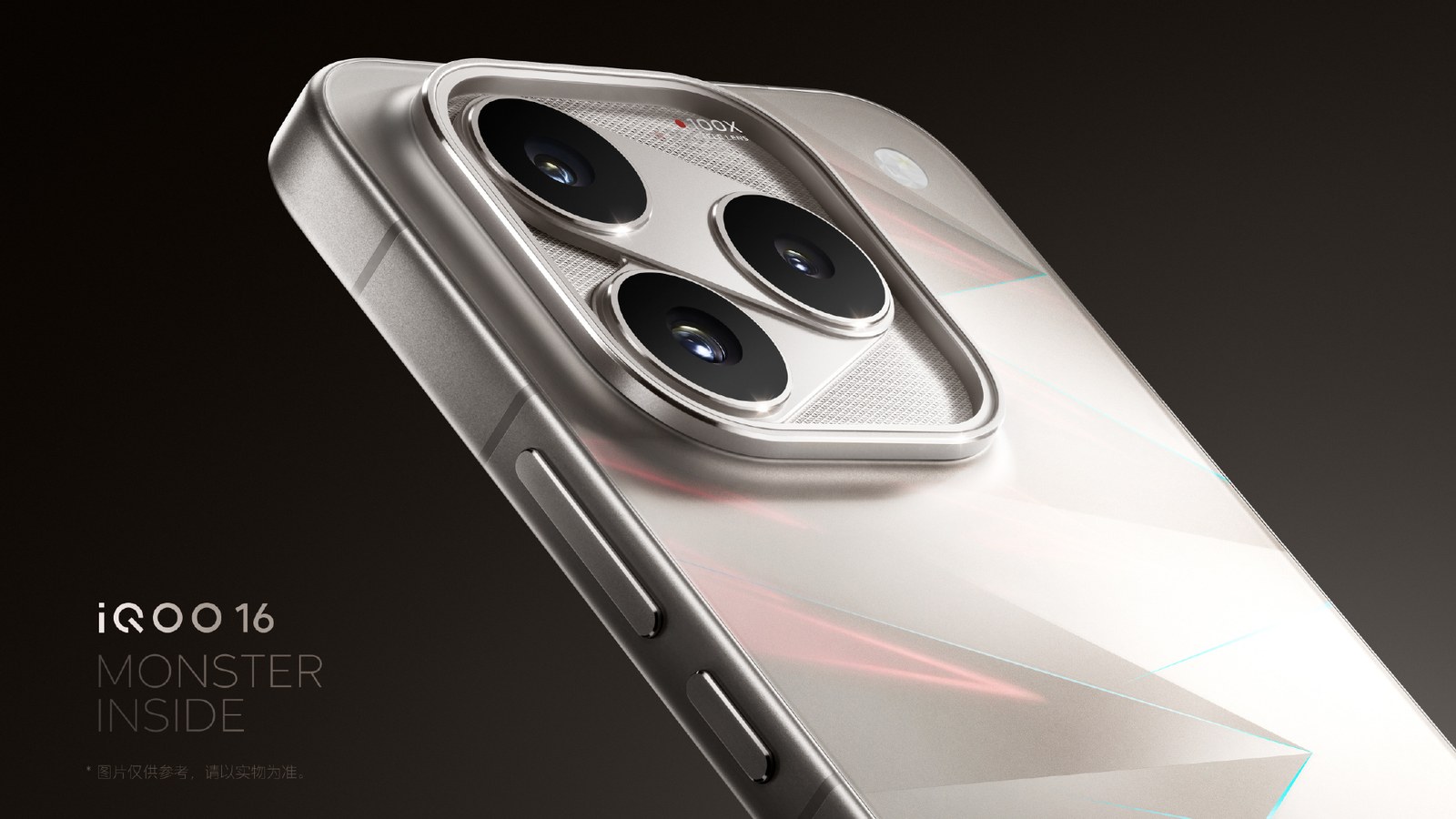 Official render of the silver back of the iQOO 16 in its Chasing Light finish, square camera island with three lenses inside a metal ring, pink and blue reflections across the faceted panel
