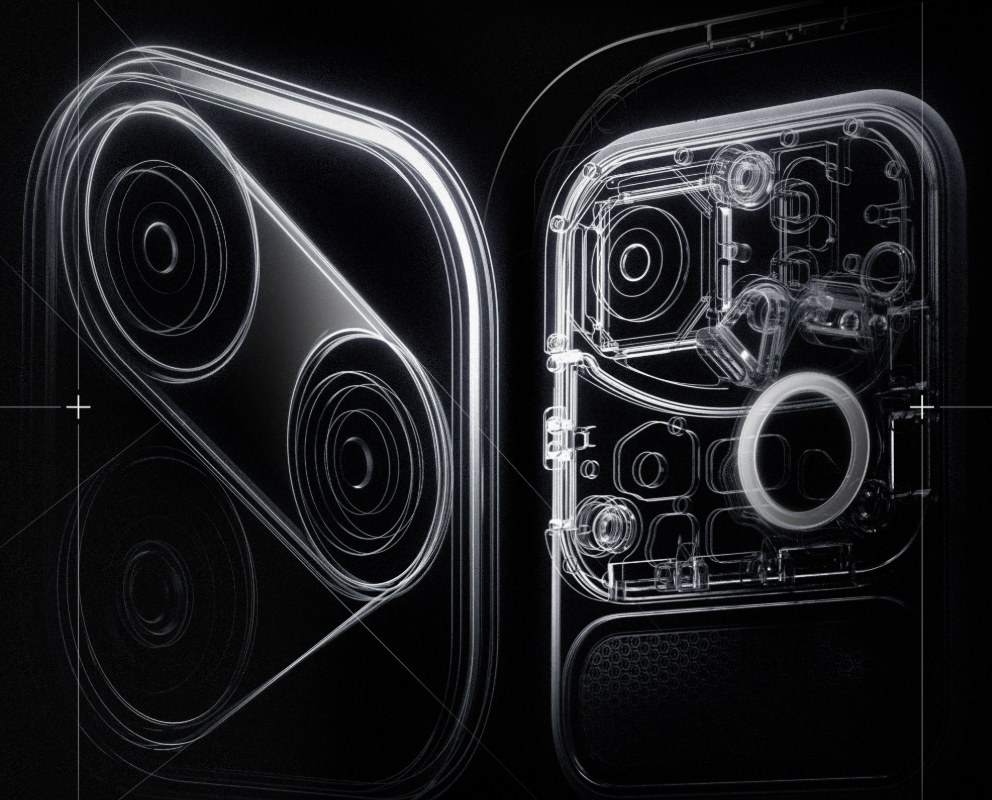 Official iQOO poster in a see-through rendering: the square three-lens camera module of the iQOO 16 on the left, the iQOO Pad Ultra module with its ring flash on the right
