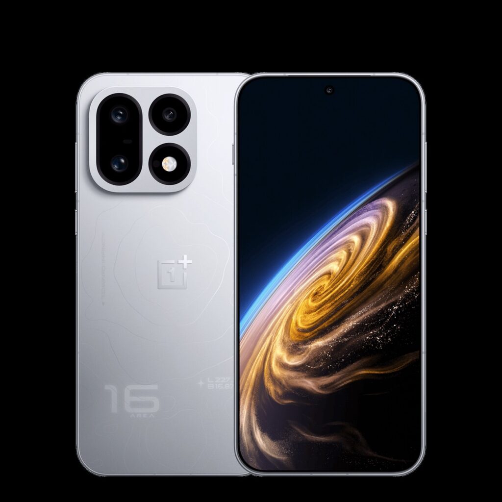 OnePlus 16 in silver, back and front: square camera island, contour-line pattern and a “16” on the back, flat screen showing a golden galaxy