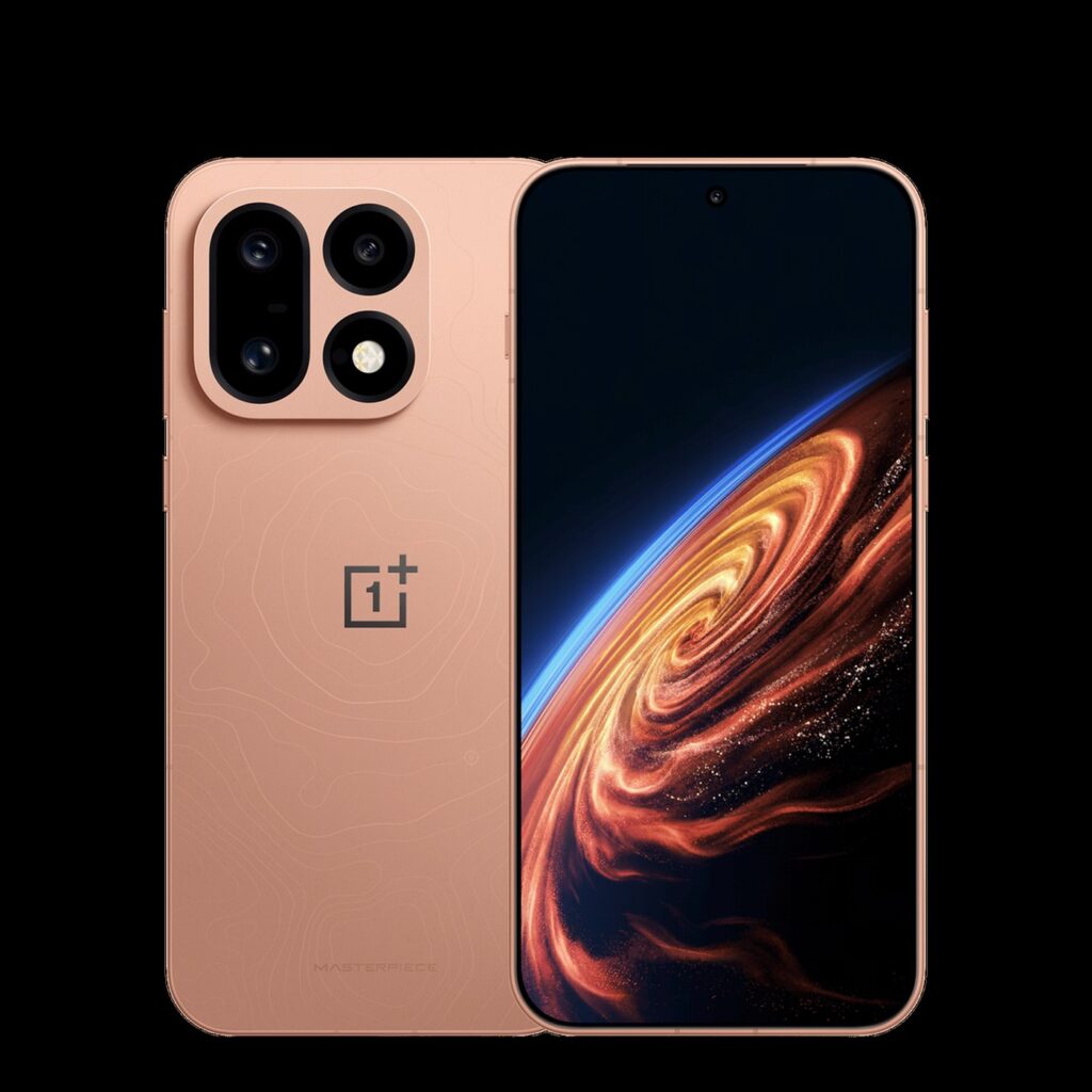 OnePlus 16 in copper, back and front: square camera island, contour-line pattern and OnePlus logo on the back, flat screen showing an orange galaxy