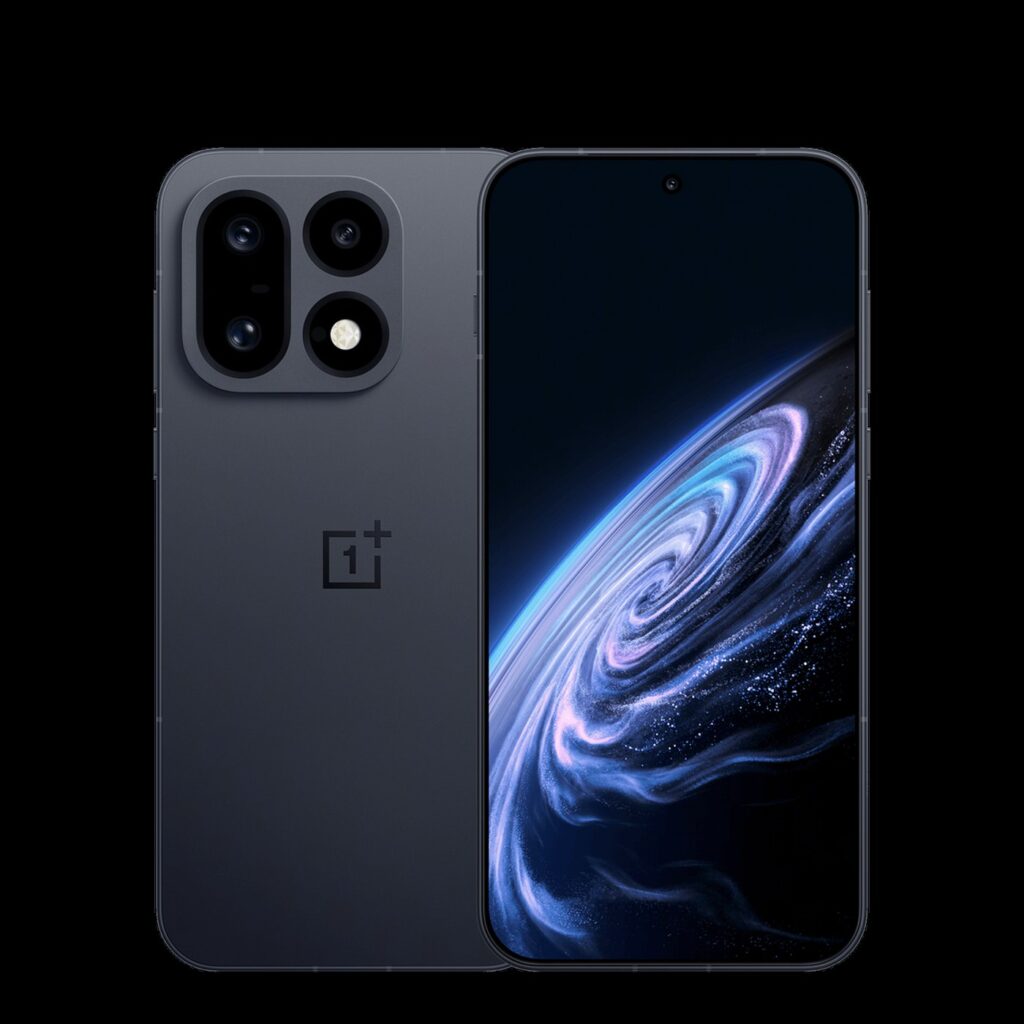 OnePlus 16 in dark grey, back and front: square camera island and OnePlus logo on the back, flat screen showing a bluish galaxy