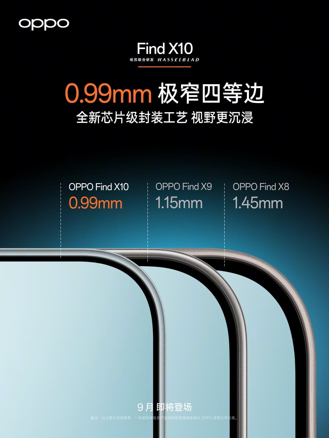 Official Oppo poster comparing display bezel thickness: 0.99 mm on the Find X10, 1.15 mm on the Find X9 and 1.45 mm on the Find X8