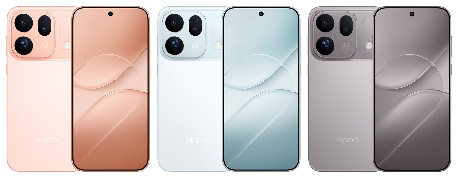 The three official colours of the Oppo Find X10 — Qingcheng pale orange, Ice Blue and Light Titanium — seen from the back and the front, with the camera bar across the top of the back
