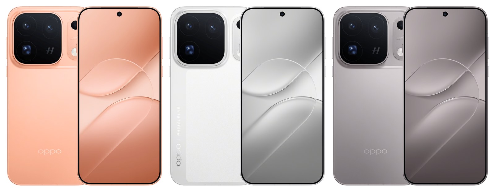 The three official colours of the Oppo Find X10 Pro Max — Warm Orange, Moon White and Light Titanium — seen from the back and the front, with the three-lens camera square