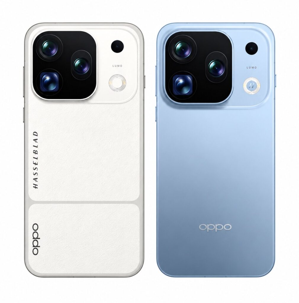 Two Oppo Find X10 Pro Max units seen from the back, one in textured white carrying the Hasselblad marking and one in gradient blue, with a square three-lens camera module set in a rectangular island