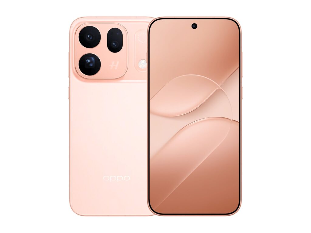 Official render of the Oppo Find X10 in Qingcheng pale orange, seen from the back with its three-lens camera bar and from the front with its flat display
