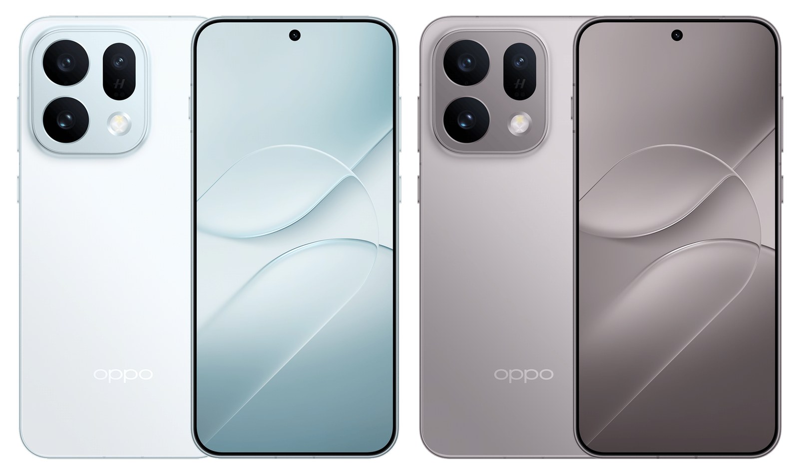 The two official colours of the Oppo Find X10E — Ice Blue and Light Titanium — seen from the back and the front, with the square three-lens camera module