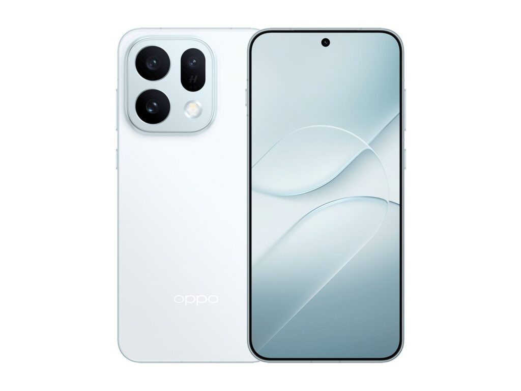Official render of the Oppo Find X10E in Ice Blue, seen from the back with its square three-lens camera module and from the front with its flat display