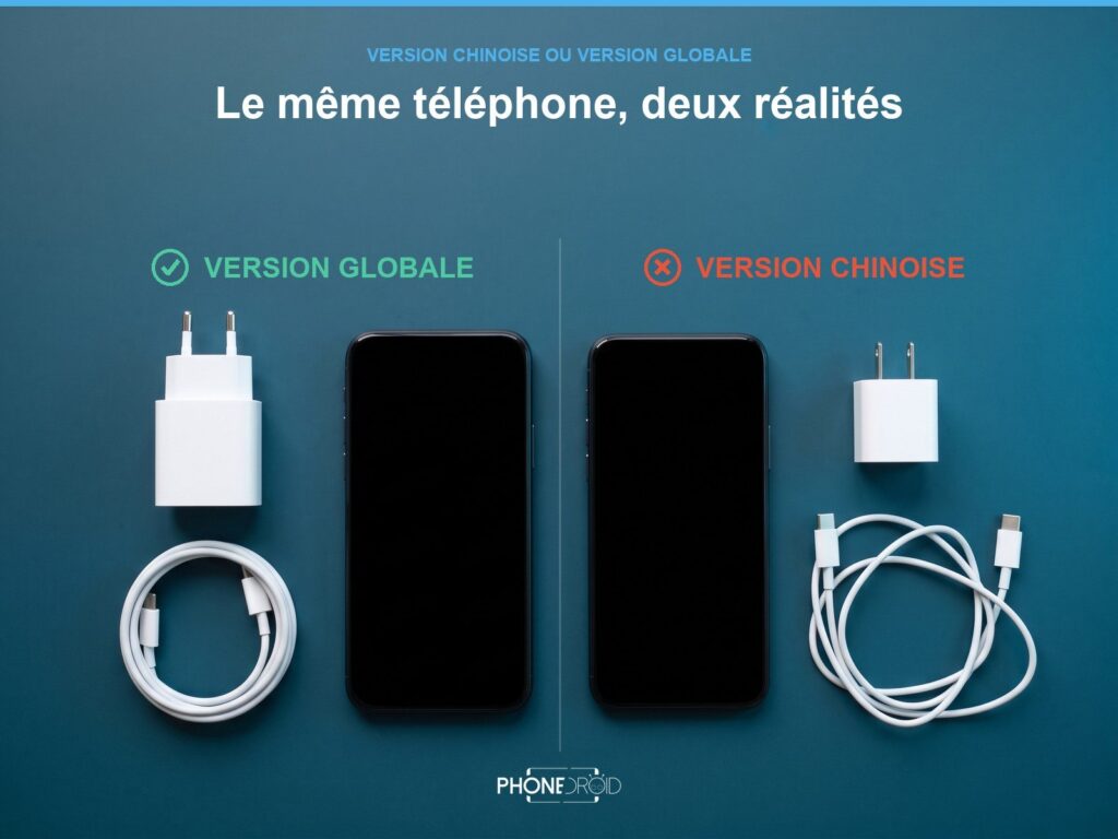 Generated illustration: two identical smartphones side by side on a blue background, separated by a vertical line; on the left a charger with round pins and a neatly coiled cable, on the right a charger with flat pins and a tangled cable