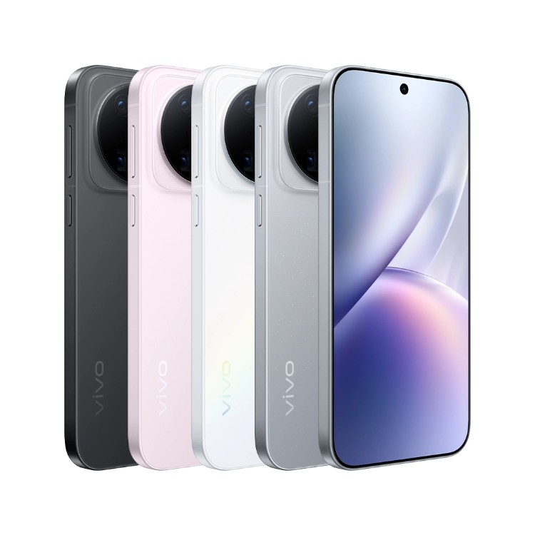 Official Vivo X500 render: four phones lined up from the back, black, pale pink, white and grey, with their circular camera module set on a square plate, and the grey one seen from the front with a flat screen
