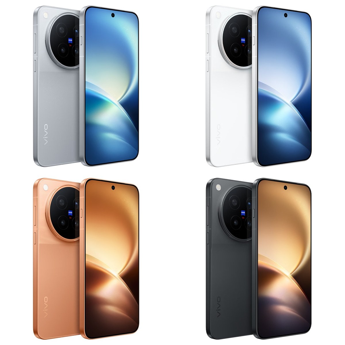 The four official colours of the Vivo X500 Pro Max — grey, white, orange and black — seen from the back and the front; the extra button is visible on the left edge