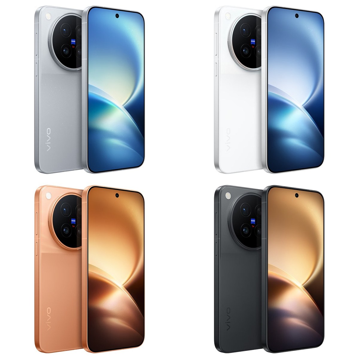 The four official colours of the Vivo X500 Pro — grey, white, orange and black — seen from the back and the front, with the large centred circular camera module