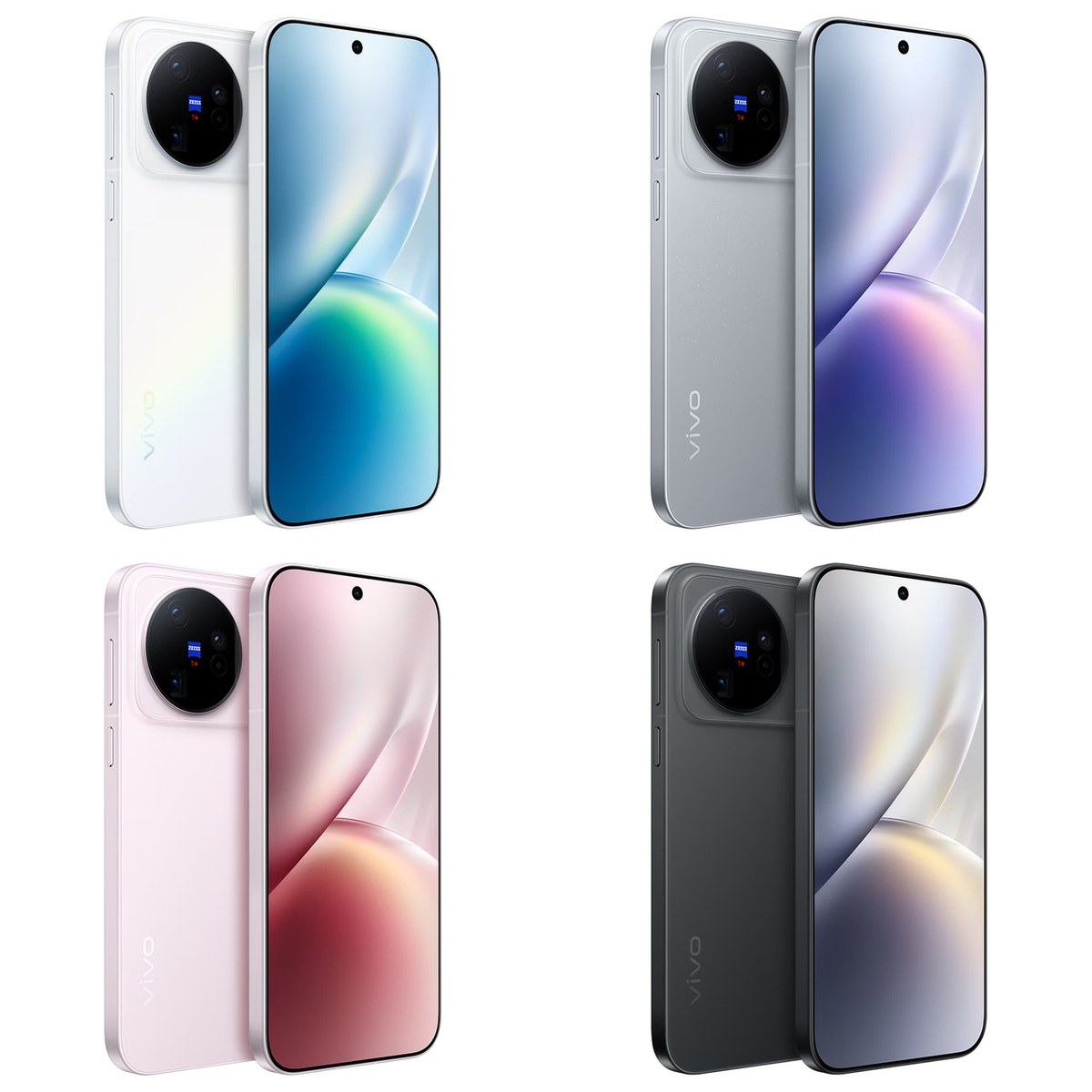 The four official colours of the Vivo X500 — white, grey, pink and black — seen from the back and the front, with the circular camera island set in a square plate at the top left