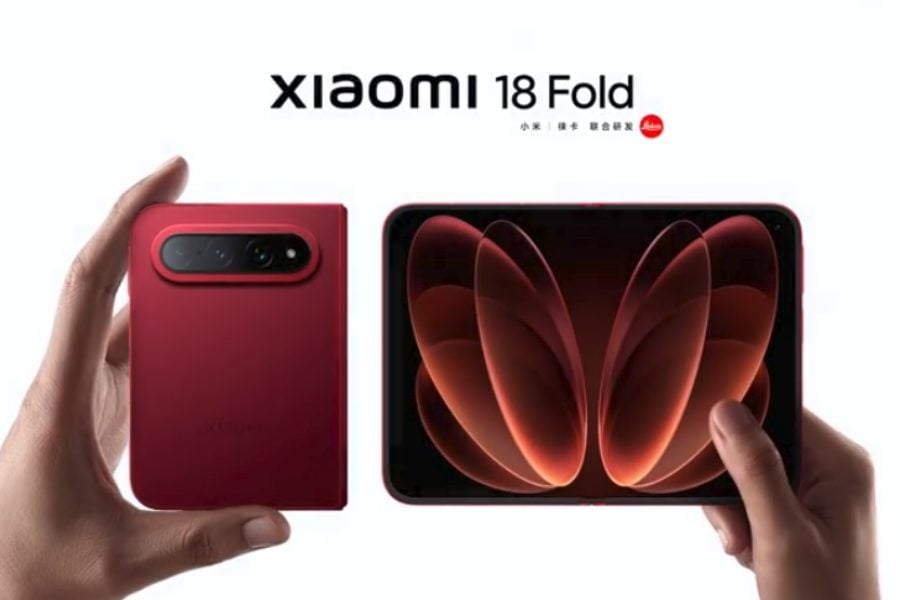 Red Xiaomi 18 Fold smartphone, folded and held in one hand on the left, unfolded and held in landscape with both hands on the right