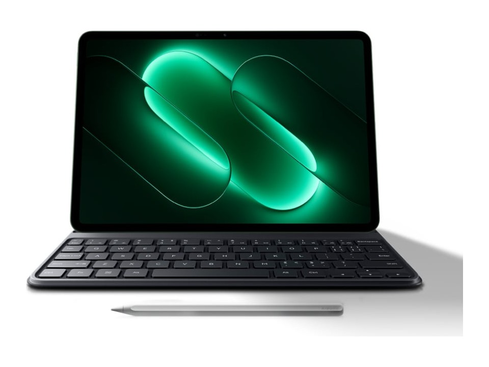 The Xiaomi Pad 9 on its keyboard, screen lit with a green pattern, with the magnetic stylus in the foreground