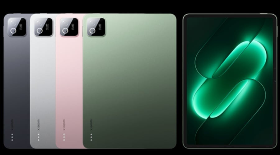 The four colours of the Xiaomi Pad 9 seen from the back, next to a tablet seen from the front with a green screen